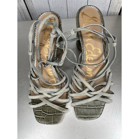 Sam Edelman DAFFODIL Green Croco Ankle Strap Heel Sandals Size 8.5W Wide - Picture 2 of 5
